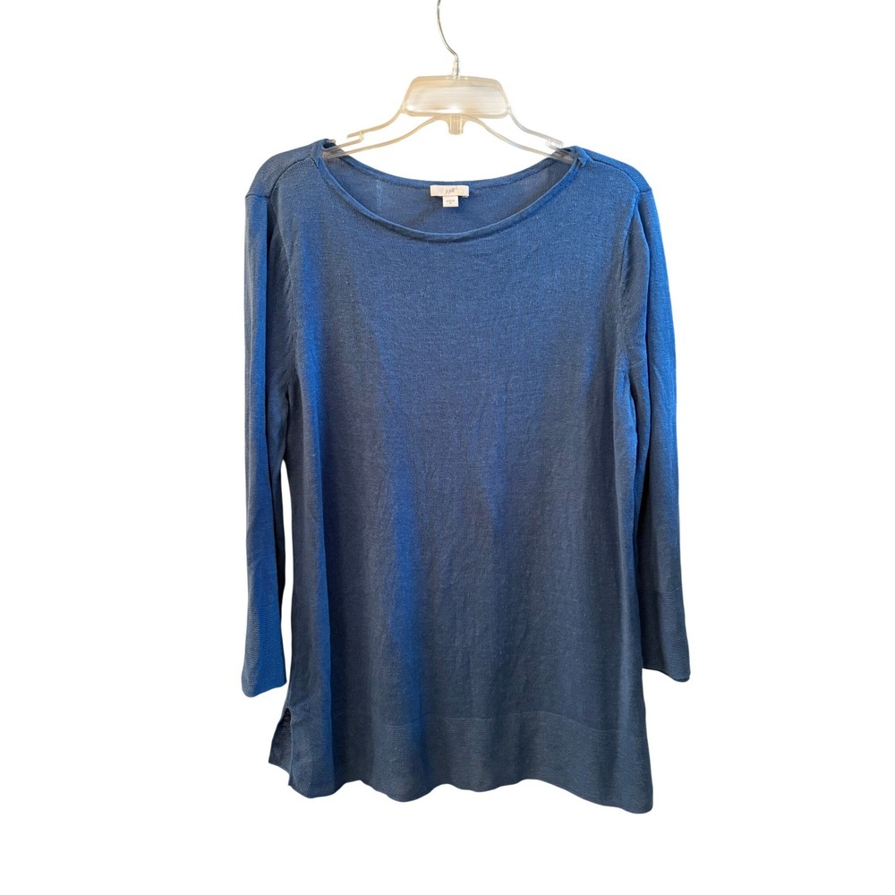 J. Jill Blue Linen Blend Boat Neck Long Sleeve Sweater Top Size Medium Coastal